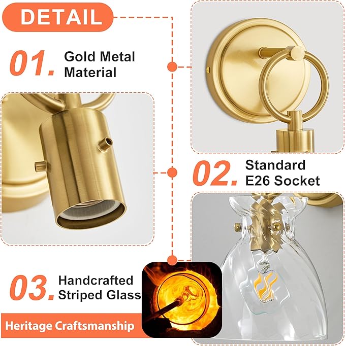Wall Sconce 1-Light Hardwired Wall Mount Modern Farmhouse Vanity Light Fixtures with 6 Inch Clear Striped Glass Shade, Gold Wall Lights for Bathroom, Bedroom, Living Room, Mirror, Kitchen