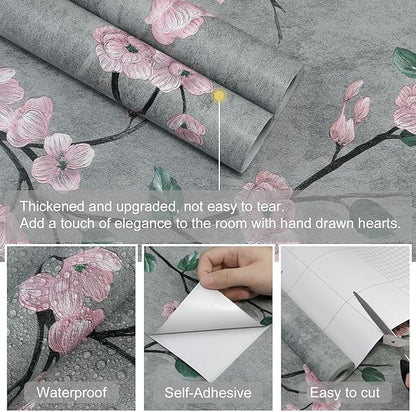 SOON AFTER 17.5"x120" Floral Peel and Stick Wallpaper Flower Tree Contact Paper Self Adhesive Removable Modern Grey Wall Paper Decorative Wall Covering Countertop Vinyl Film Roll