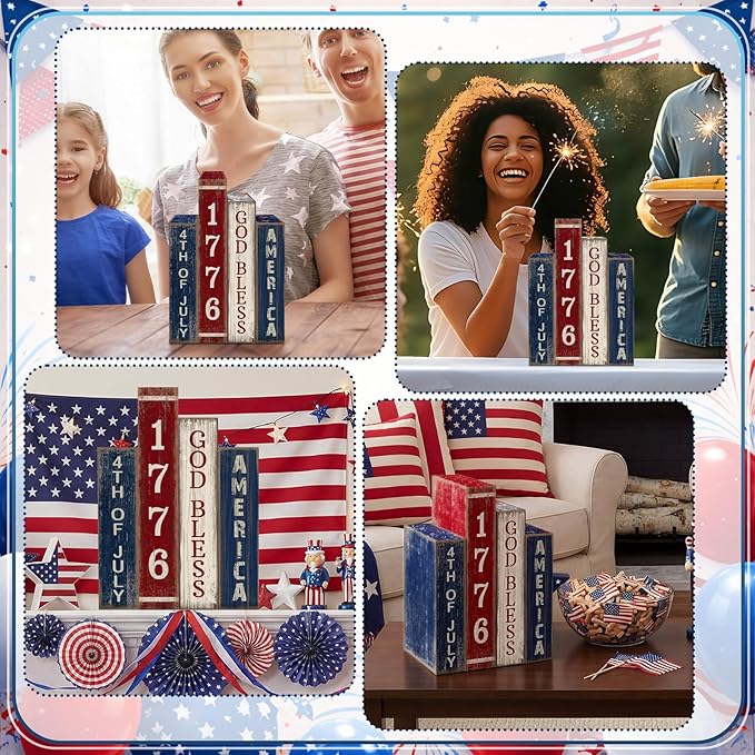 4 Pcs 4th of July Table Decoration Wooden Book 1776 God Bless America Decor Patriotic Tiered Tray Decor Farmhouse Red White and Blue American Block Signs for 250th Anniversary Home Shelf