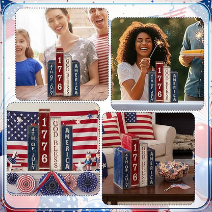 4 Pcs 4th of July Table Decoration Wooden Book 1776 God Bless America Decor Patriotic Tiered Tray Decor Farmhouse Red White and Blue American Block Signs for 250th Anniversary Home Shelf