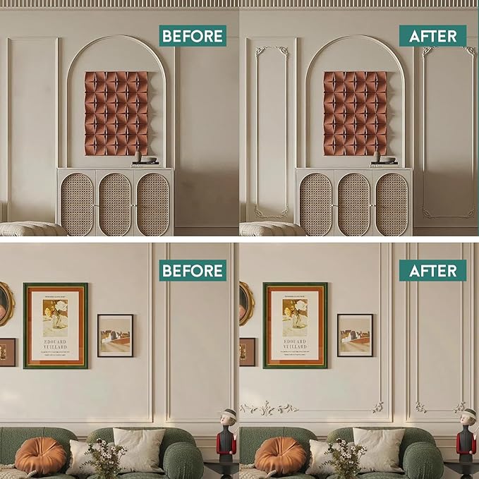 French Style 3D Floral PVC Panels - 6.1INx6.1IN.Self-Adhesive Corner Molding for DIY Wainscoting & Furniture Decor (2PCS,White)