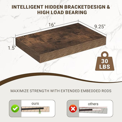 16 Inch Floating Shelves, 16"x9.25"x1.5" Inch Deep Floating Shelves for Wall, Wooden Shelves for Bathroom, Bedroom, Living Room, Brown, 2 Pieces
