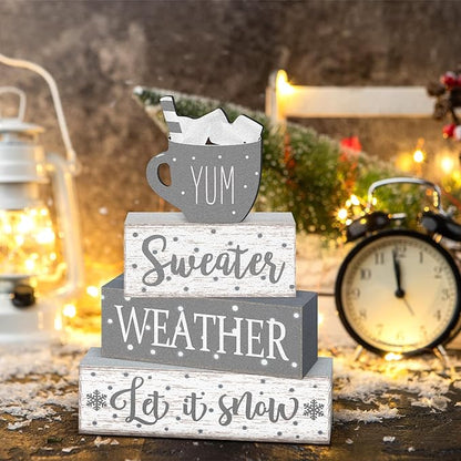 Marsui 4 Pcs Winter Christmas Wooden Tabletop Decor Rustic Wooden Hot Cocoa Block Sign Gift Farmhouse Xmas Tiered Tray Decor Let It Snow Table Centerpiece Winter Decorations for Home Office Desk Shelf