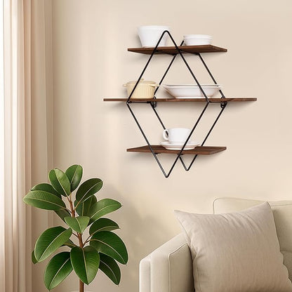 Modern Wooden Floating Wall Shelf Decor for Wall Storage – Geometric Design Decorative Wall Mount 3-Tier Hanging Shelf Plant Display for Bedroom, Living Room, Bathroom, Kitchen