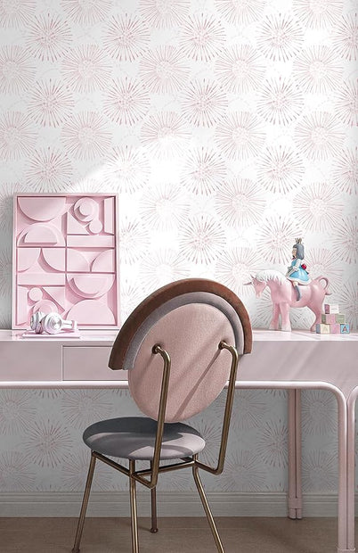 Peel and Stick Wallpaper Geometric Boho Wall Paper White Pink Fireworks Contact Paper 17.3"×197" Self-Adhesive Round Wallpaper for Bedroom Waterproof Removable Shelf Liner Decal Vinyl Roll
