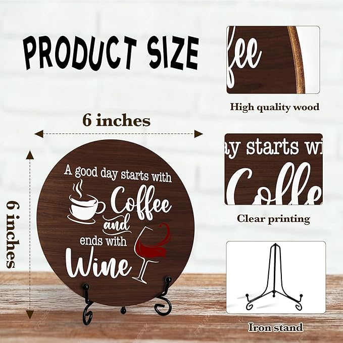 Coffee And Wine Desk Decor Sign, Rustic Funny Wooden Box Plaque, A Good Day Starts With Coffee And Ends With Wine Wood Sign, Decor For Home Kitchen Table Top, Wooden Round With Stand-21