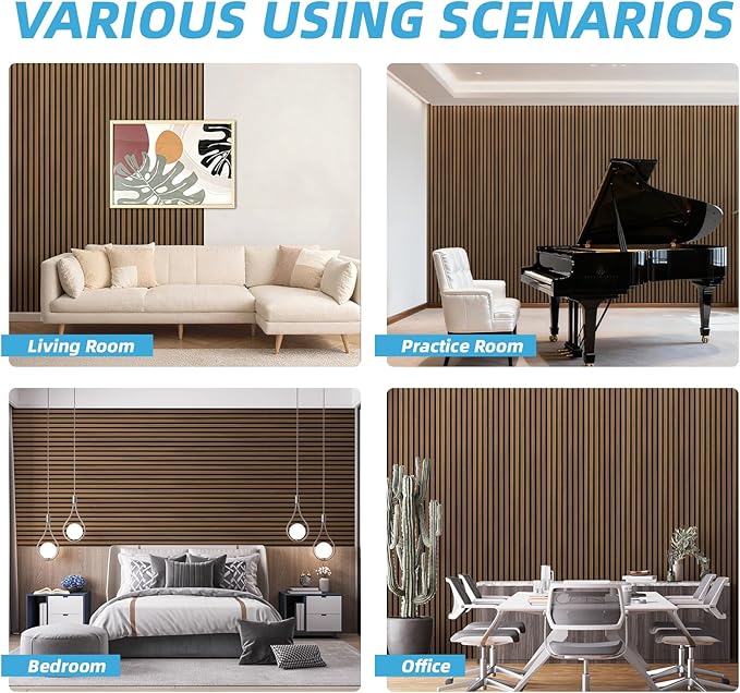 Art3d 4-Piece 94 x 12.6 Inch Acoustic Lightweight Slat Wall Panel - Waterproof Wood Textured Wainscoting Panel of 33 Sq.Ft for Bedroom, Home Theater Office Accent Wall, Walnut