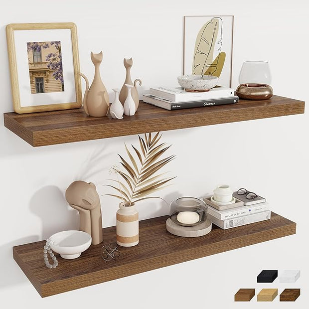 Fun Memories 12 Deep Floating Shelves, 40W x 12D Floating Shelves for Wall Set of 2, Extra Deeper Hanging Wood Shelves for Wall for Living Room Kitchen Laundry Room Kitchen Home Office - Walnut