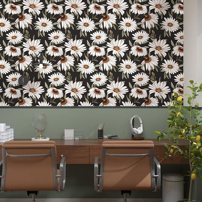 Boho Wallpaper Peel and Stick Dark Floral Contact Paper 17.5in x 118in Vinyl Waterproof Self-Adhesive Vintage Botanical Large Daisy Wall Paper for Bedroom Walls Countertop Decor