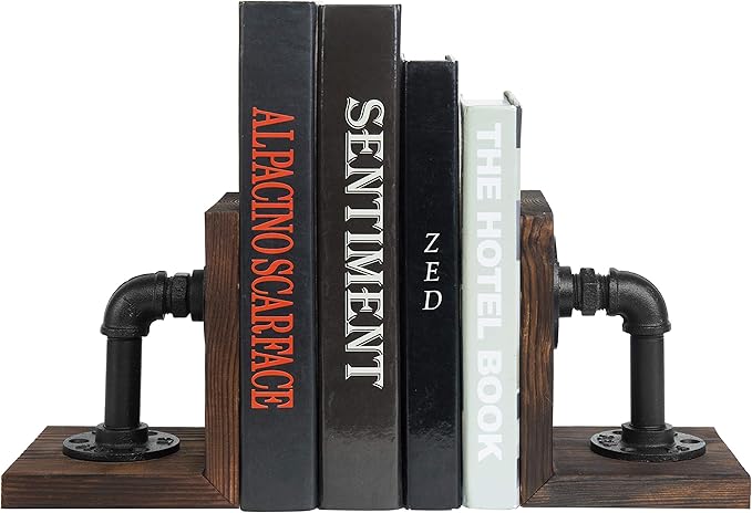 MyGift Book Ends Decorative, Bookends for Shelves, Metal Bookends for Heavy Books, Office Decor for Men, Wood Book Stopper, Realistic Industrial Pipe Design, Dark Brown
