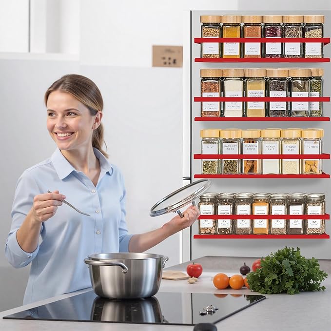 Magnetic Spice Rack for Refrigerator Seasoning Organizer for Spice Fridge Shelf storage Magnetic Shelf with Hook for Oven (4pack-Cut out-Red)