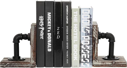 MyGift Decorative Bookends, Office Book Ends for Shelf, Book Holder L-Shaped Stand Desktop, Solid Torched Wood with Realistic Industrial Pipe Design
