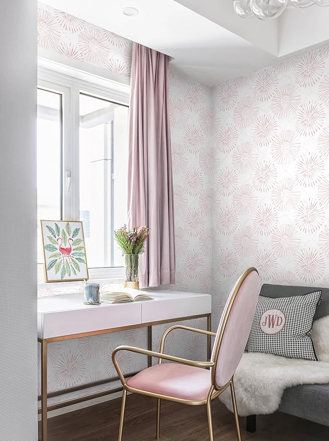 Peel and Stick Wallpaper Geometric Boho Wall Paper White Pink Fireworks Contact Paper 17.3"×393" Self-Adhesive Round Wallpaper for Bedroom Waterproof Removable Shelf Liner Decal Vinyl Roll