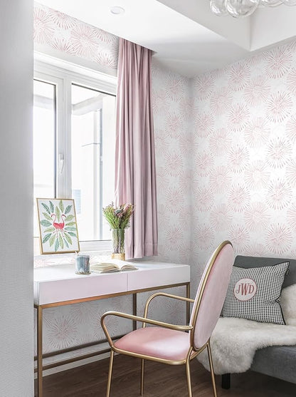 Peel and Stick Wallpaper Geometric Boho Wall Paper White Pink Fireworks Contact Paper 17.3"×393" Self-Adhesive Round Wallpaper for Bedroom Waterproof Removable Shelf Liner Decal Vinyl Roll