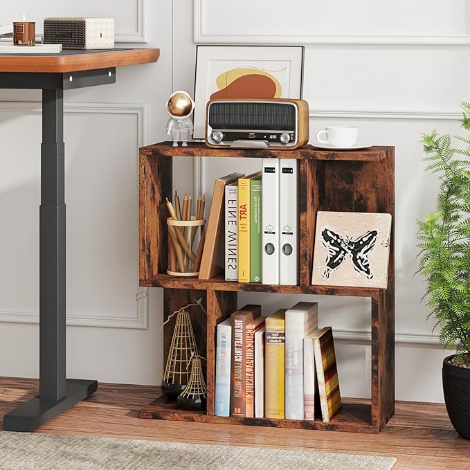 Tangkula 3 Tier Geometric Bookshelf, S Shaped Open Bookcase with Storage, Home Office Decor, Freestanding Wood Display Shelf for Living Room Study, Small Bookshelf for Small Spaces (1, Rustic Brown)