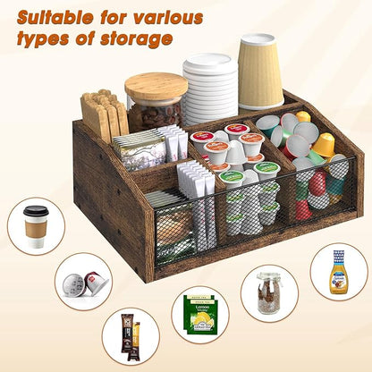 Coffee Bar Station Organizer Wooden Coffee Bar Accessories for Countertop Tea Condiment Organizer for Decor Storage Basket for K-Cup Pods Holder, Rustic Brown