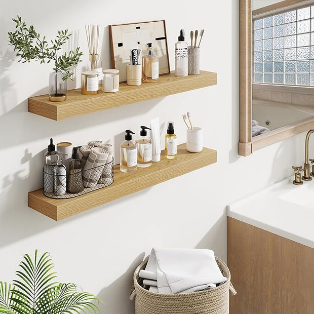 Fun Memories Bathroom Shelves 32 Inch Long Set of 2, Floating Shelves for Wall with Invisible Brackets, for Bedroom, Living Room, Kitchen, Oak