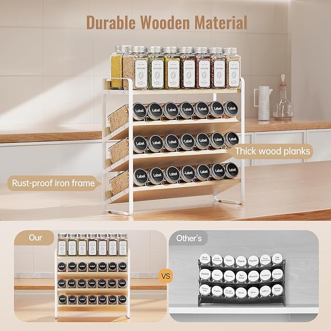 MUDEELA 4 Tier Spice Rack Organizer for Cabinet,Wooden Vertical Spice Shelf, Seasoning Organizer for Countertop, Kitchen, Pantry, Freestanding, 13.4