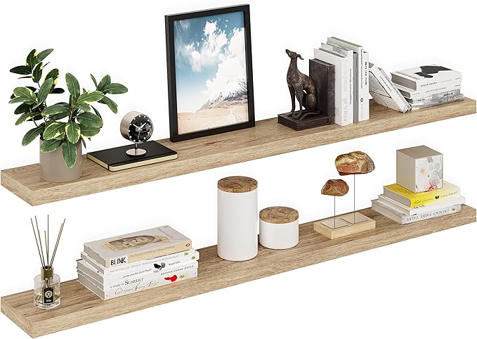 Ballucci Floating Shelves for Wall, 60" Wood Wall Shelf Set of 2, with Invisible Brackets for Bathroom, Living Room, Bedroom, Kitchen, Nursery, 8" Deep, Oak Finish