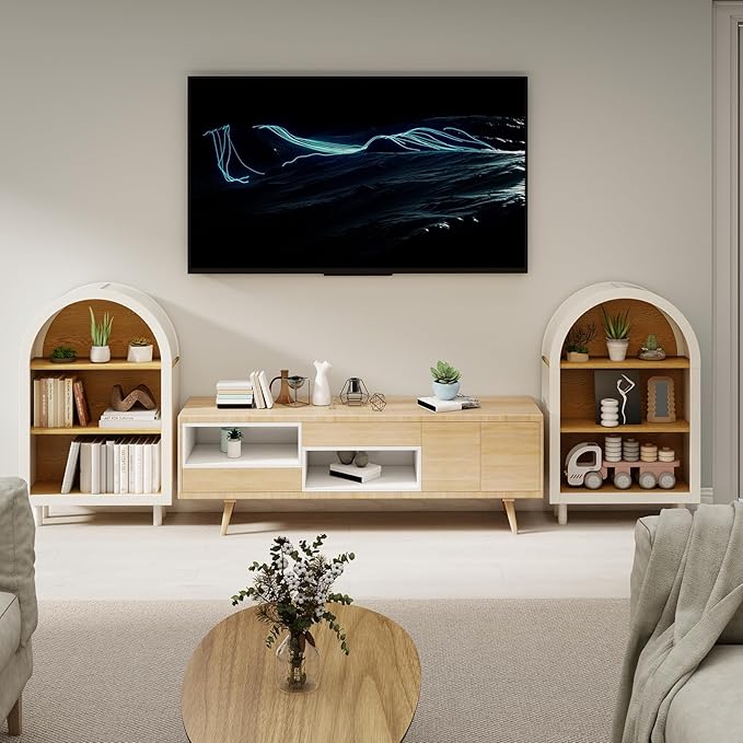 3-Tier Arched Bookcase,Modern Low Short Bookshelf,Small Wood Open Display Shelf,Arched Storage Cabinet for Living Room,Bedroom,Home Office,White