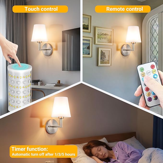 Peel and Stick Wall Sconces, Stick On Wall Sconce Set of 2, Battery Operated Wireless Wall Light, No Drill Adhesive Wall Lamp, Corn Bulb with 10000mAh Rechargeable Battery, Bedroom Wall Decor