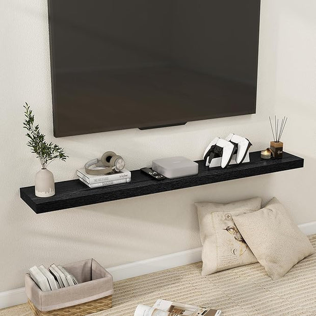 Fun Memories 55 Inch Floating Shelves for Wall, Fireplace Mantel Shelf with Invisible Heavy Duty Bracket, 8 Inch Deep Storage Shelf for Living Room, Kitchen, Farmhouse, Black (2-Pack)