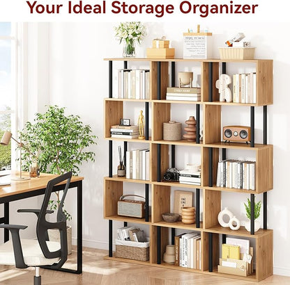 IBUYKE 6-Tier Tall Bookshelf,S-Shaped Geometric Bookcase, Wood Display Shelves with Storage,Modern Bookshelf for Living Room Bedroom, Home Office,Oak WBC016K