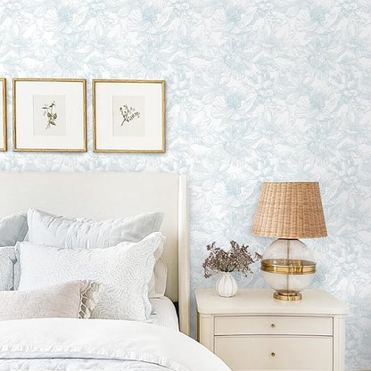 Ismoon Large Floral Peel and Stick Wallpaper Boho White and Blue Contact Paper 17.3inx32.7ft Modern Wall Paper Removable Self Adhesive Vinyl Wallpaper for Bedroom Cabinet Waterproof Mural Wall Decor