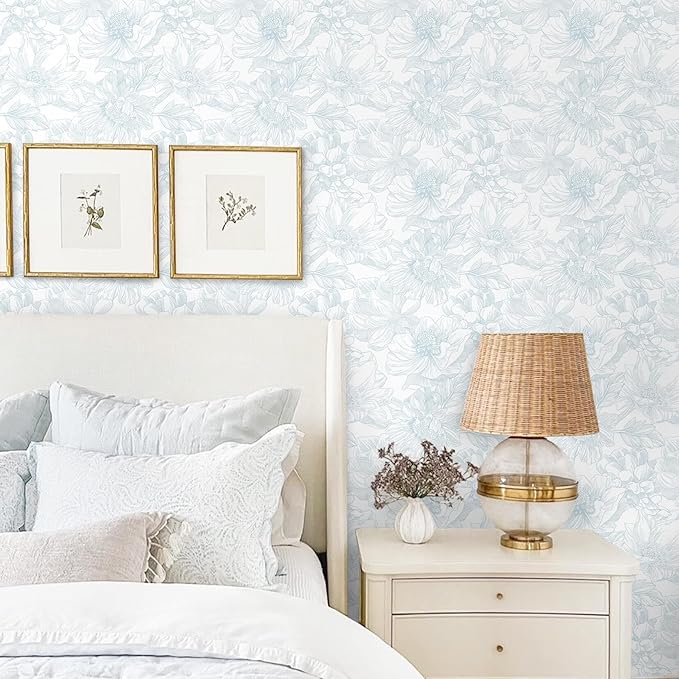 Ismoon Large Floral Peel and Stick Wallpaper Boho White and Blue Contact Paper 17.3inx32.7ft Modern Wall Paper Removable Self Adhesive Vinyl Wallpaper for Bedroom Cabinet Waterproof Mural Wall Decor