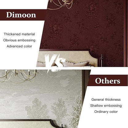 Dimoon 17.7''x236.2''Dark Red Peel and Stick Wallpaper Gothic Floral Wall Paper Contact Paper Closeout Renter Friendly Modern Self Adhesive(236.2''x17.7'', Dark Red Floral Textured)