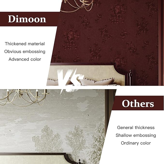 Dimoon 17.7''x393.7''Dark Red Peel and Stick Wallpaper Gothic Floral Wall Paper Contact Paper Closeout Renter Friendly Modern Self Adhesive(393.7''x17.7'', Dark Red Floral Textured)