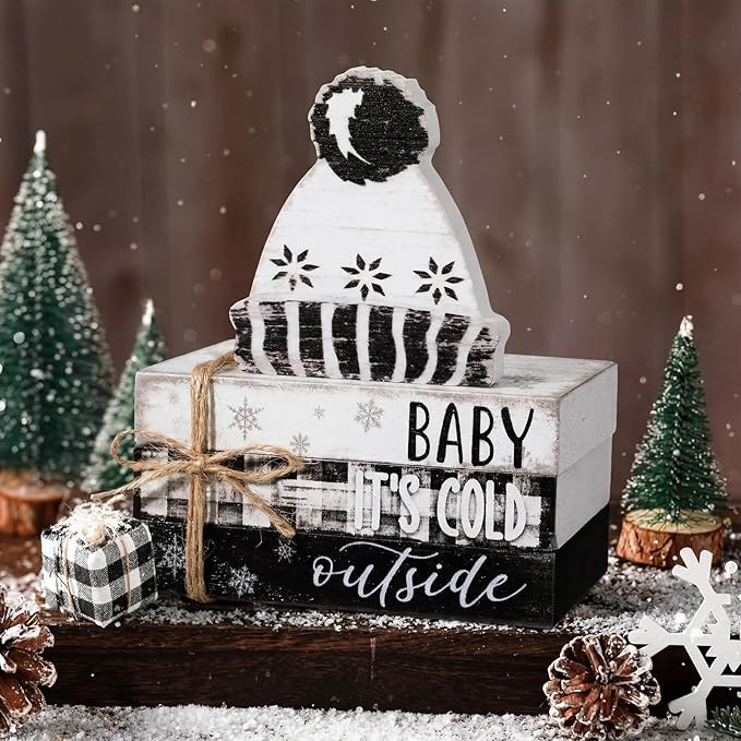 Geelin 4 Pcs Winter Tiered Tray Decorations Wooden Book Stack Signs, Rustic Farmhouse "baby It's Cold Outside" Holiday Winter Decor for Table Shelf Mantel Entryway Home Decorations