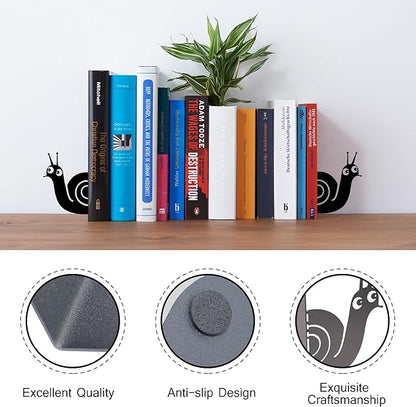 Bookends Cute Snail Metal Book Ends, Novelty Decorative Bookends for Bookshelf, Book Organizer for Desk Home Office School Bookshelf Decor, Black - 1 Pairs