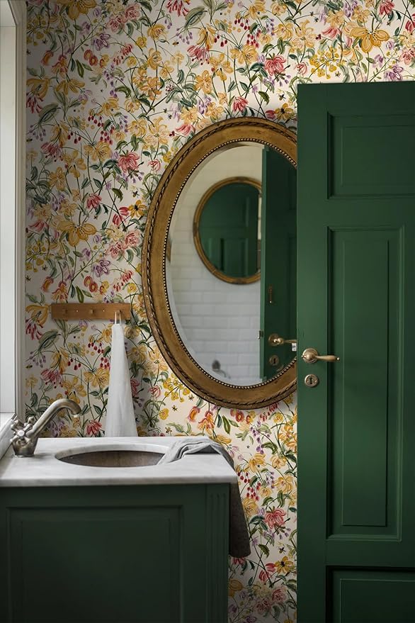 Floral Wallpaper Peel and Stick Boho Wall Paper Removable Waterproof Yellow/Green/Red Contact Paper for Bedroom, Bathroom, Home Wall 17.3" x 118"
