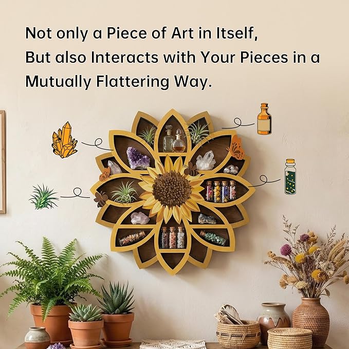 Sunflower Gifts for Women, Sunflower Decor Wooden Wall Floating Shelves with Lifelike Flower & Bee Accents, Trinket Crystal Display Shelf Boho Decor for Home Bedroom Living Room, Birthday Gift for Her