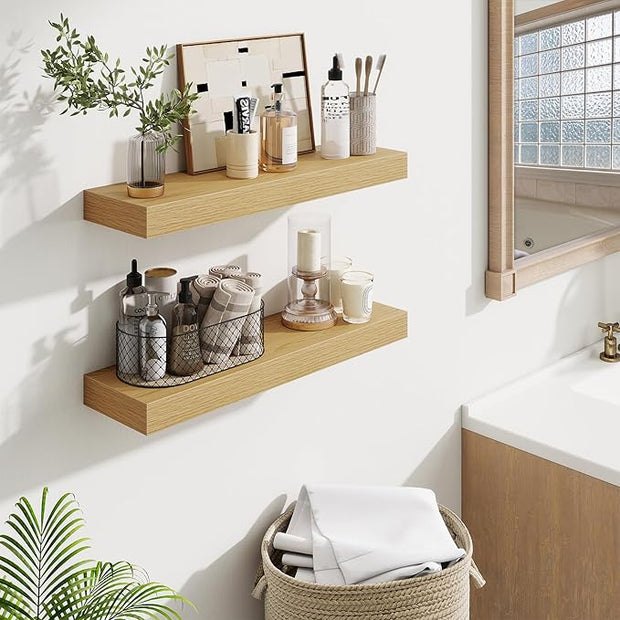 Fun Memories Floating Shelves Set of 2, 24 Inch Floating Shelves for Wall, Wood Wall Shelves with Invisible Brackets, for Bathroom, Bedroom, Living Room, Kitchen, Oak