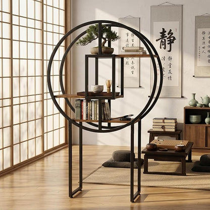 OFFICEROO Round Etagere Bookshelf 4ft 3in – Modern Asian Inspiration Circular Bookcase Shelf, Tall Circle Bookshelf & Round Shelf Standing for Living Room Display