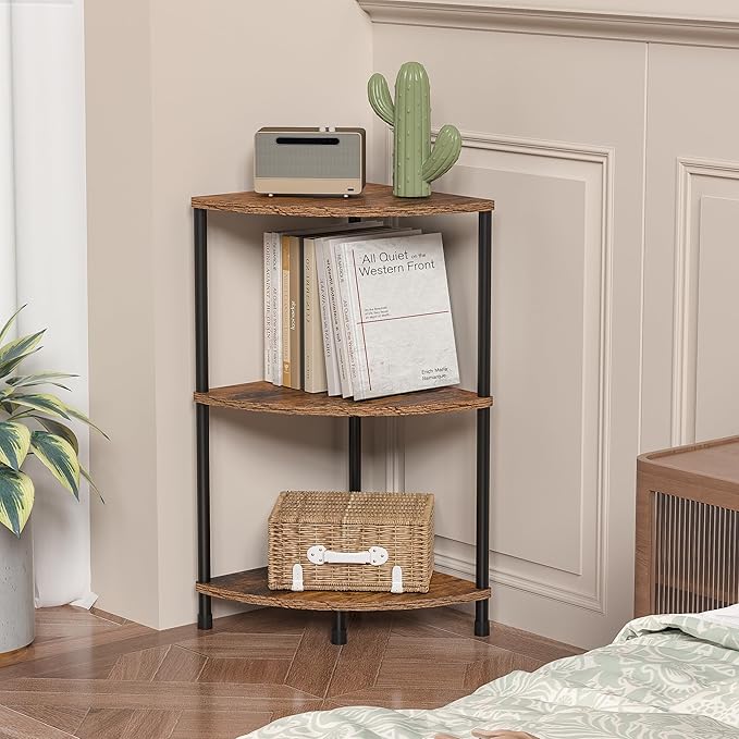 Corner Plant Stand Shelf, 3 Tier Small Shelf Plant Stand for Indoor Plants, Rustic Brown Corner Bookshelf Wall Decor Living Room, 23.2