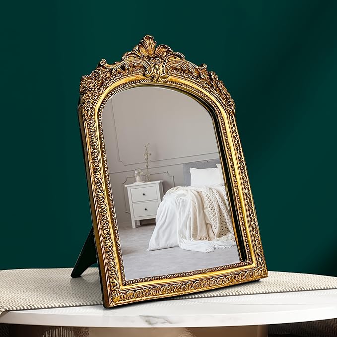 97 Decor Gold Vintage Wall Mirror - Small Gold Mirror for Tabletop and Wall Mounting, Antique Arch Frames for Desk, Small Decorative Mirrors Frame for Home Bedroom, Makeup Room Decor (10x6.8 Inch)