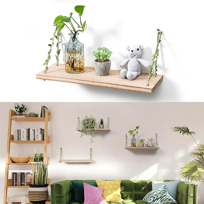 MITIME Leaf Rope Hanging Floating Shelves, Wall Swing Storage Shelf for Home Decor.17, 3-Pack (Light Color)
