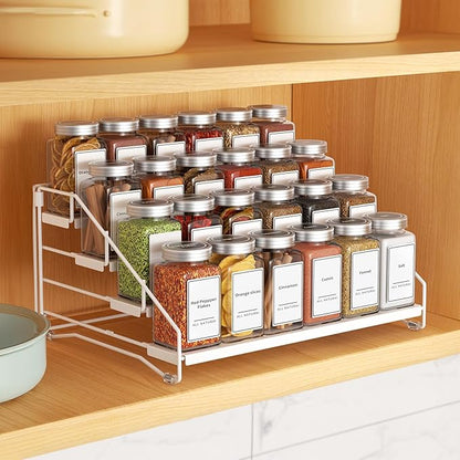 Tiered Spice Rack, 4 Tier Spice Shelf Organizer for Cabinet, Spice Rack Organizer, Depth Adjustable Seasoning Rack Organizer for Cabinet, Countertop, Pantry, Metal, White (1 Pack)