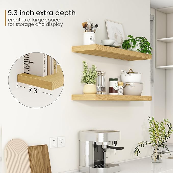 Fun Memories Floating Shelves 36 Inch Long, 9.3Inch Deep Floating Shelves for Wall, Extra Deeper & Thicker Wall Mounted Storage Shelf for Kitchen, Farmhouse, Oak, 2 Pack