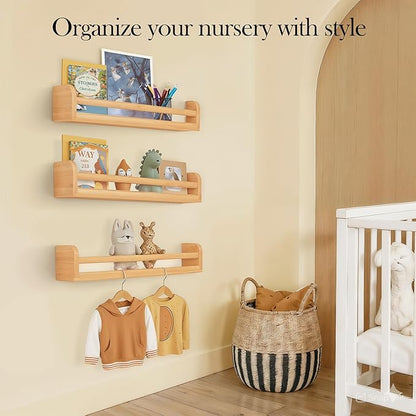 Floating Nursery Book Shelves, 16.5 inch Wall Book Shelves Kids Room, Set of 3 Baby Shelves for Nursery Décor, Ideal Wooden Nursery Shelves for Kids Room, Bedroom Bathroom and Kitchen (Natural Wood)