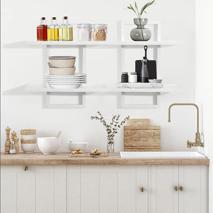 PHOENANCEE Floating Shelves for Wall,Display Hanging Shelf Set of 2,Modern Decorative Plants Shelves,Wood Home Decor Storage Chic for Living Room Bedroom Bathroom Office,Oak Frame,2-Tier,White