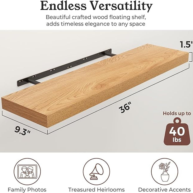 Floating Shelves for Wall, 9.3" Deep Wall Mounted Wood Shelves for Bathroom, Bedroom, Living Room, Kitchen, Hanging Shelf for Books/Storage/Room Decor (Oak, 36")