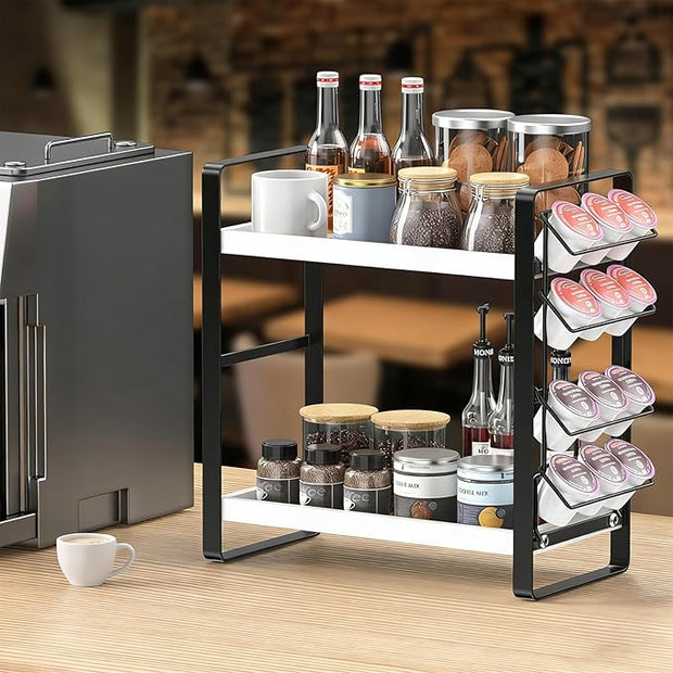 LEMIKKLE Coffee Station Organizer for Counter, Coffee Pods Holder Storage, Wooden Kitchen Counter Shelf, (WHITE)