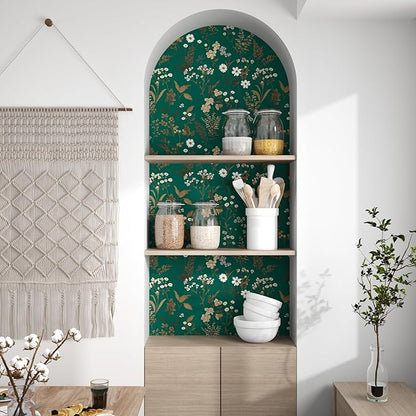 Dark Floral Wallpaper Peel and Stick 17.5in x 118in Vintage Green Gold Leaf Wallpaper Vinyl Waterproof Self-Adhesive Boho Botanical Wall Paper Mural for Cabinet Bookcase Bedroom Decor