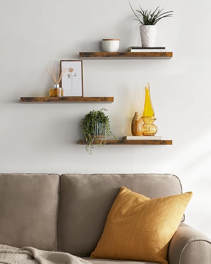 BAYKA Floating Shelves for Wall, 22.5 Inch Rustic Wood Wall Mounted Shelving for Bathroom, Bedroom, Living Room, Kitchen & Book, Hanging Display Decor Shelf with 22 lbs (Rustic Brown,Set of 3)