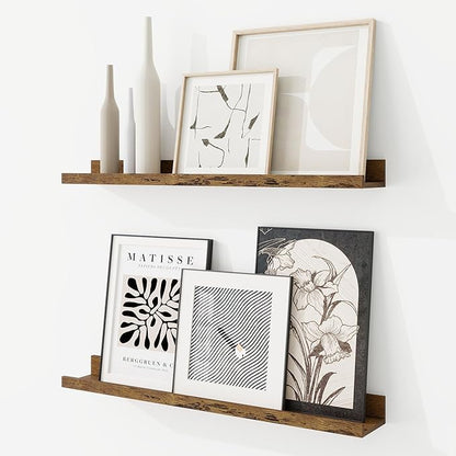 RICHFOCUS Picture Ledge Shelf, 24 inch Floating Shelves Set of 2, Wood Wall Shelves with Lip, Wall Decor Storage for Bedroom Living Room Bathroom Kitchen Nursery Photo Picture, Rustic Brown