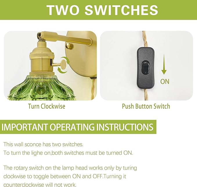 Plug in Wall Sconces Set of 2, Plug in Wall Lamp, Vintage Wall Light with Green Tulip Glass Lampshade, 3-Way Dimmable with Dual Switches, No Wiring Needed for Bedroom Wall Decor and Hallway
